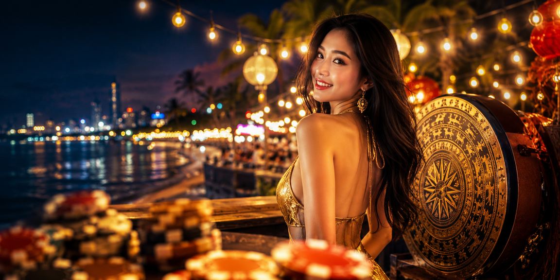 Cảnh lễ hội cá cược tại Phú Quốc với ánh đèn neon rực rỡ